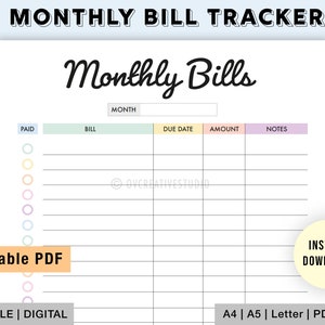 Editable Monthly Bill Tracker | Bill Planner | Monthly Bill Log | Bill Payment Checklist | Bill Payment Tracker | Printable | Digital PDF