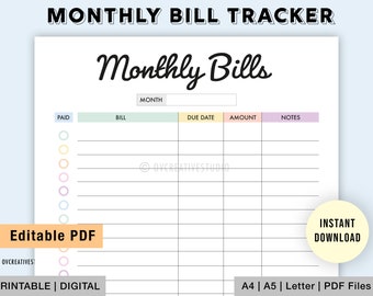 Editable Monthly Bill Tracker | Bill Planner | Monthly Bill Log | Bill Payment Checklist | Bill Payment Tracker | Printable | Digital PDF