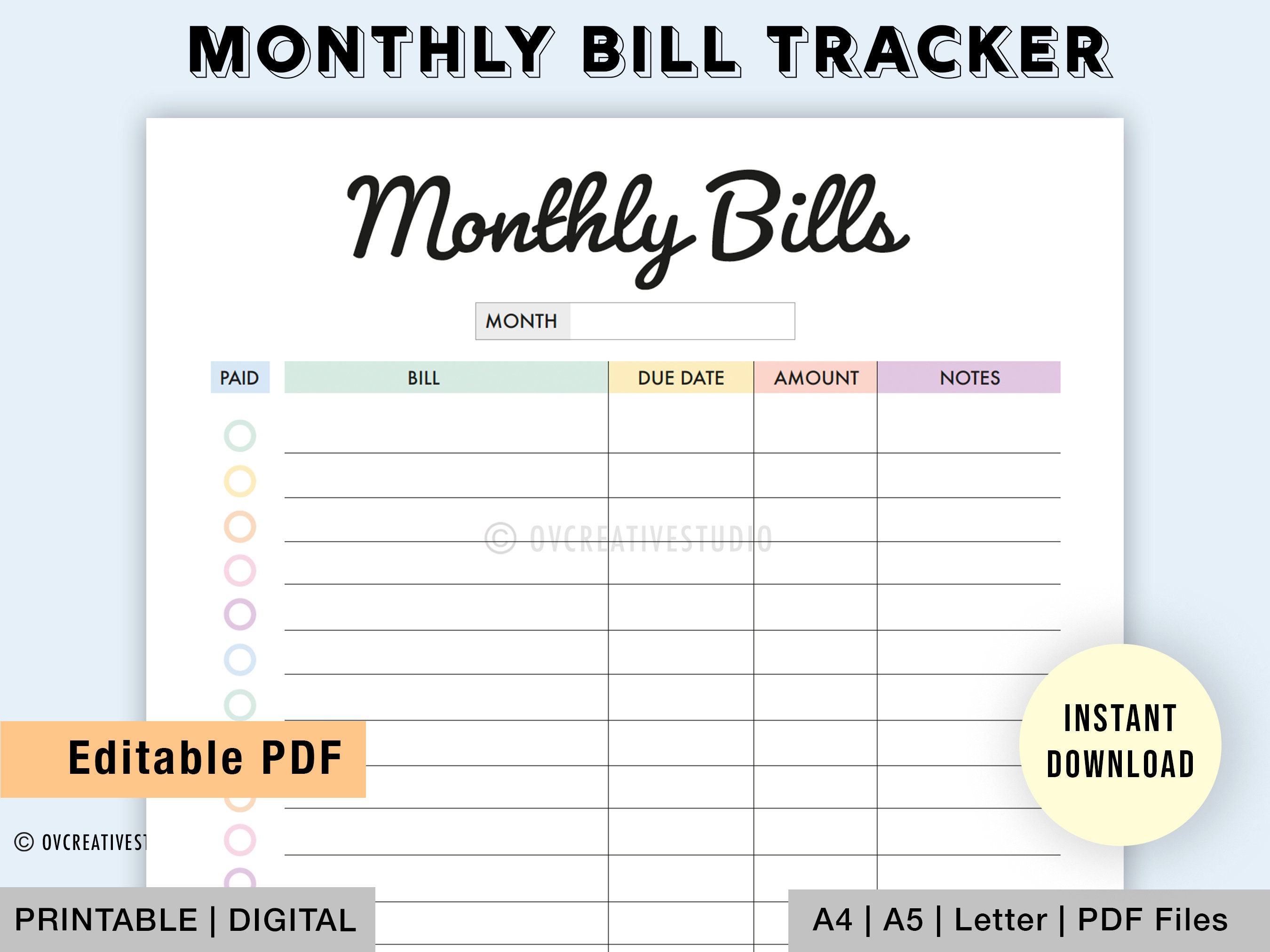 Bill Payment Tracker, Bill Organizer, Bill Due Planner, Bill Tracker, Weekly  Budget Planner, Monthly Bill Tracker - MakeMeDesign