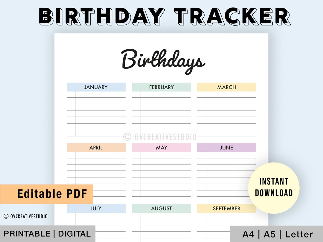 Editable Birthday Tracker Printable Birthday List Birthday Planner