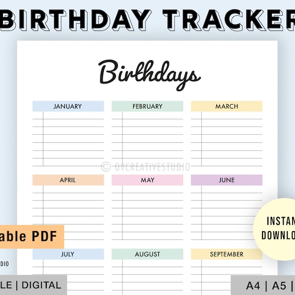 Editable Birthday Tracker | Printable Birthday List | Birthday Planner | Birthday Reminder | Birthday Insert | A4, A5, Letter | Digital  PDF