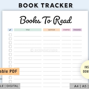 Tracker di libri modificabile / Stampabile / Libri da leggere / Tracker di lettura / Registro di lettura, Registro libri, Elenco di lettura, Registro di lettura / PDF digitale