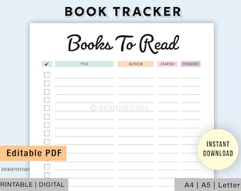 Editable Book Tracker | Printable | Books To Read | Reading Tracker | Reading Log, Book Log, Reading List, Reading Journal Log | Digital PDF