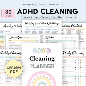 Bearbeitbarer ADHD Reinigungsplaner Bundle, druckbar, wöchentlich, monatlich Reinigungsplaner, Checkliste, Declutter, Tiefenreinigung, Wäsche