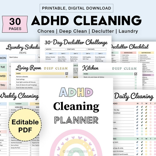 Editable ADHD Cleaning Planner Bundle, Printable, Weekly, Monthly Cleaning Planner, Checklist, Declutter, Deep Cleaning, Laundry
