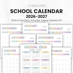 Op de afbeelding: Een schoolkalender voor het schooljaar 2026-2027. De kalender bevat maandelijkse weergaven van december 2026 tot april 2027. De kalender is digitaal, printbaar en bewerkbaar. De tekst bevat de woorden "Schoolkalender 2026-2027".