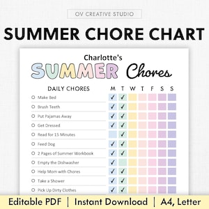 May include: A printable summer chore chart for kids with a colorful rainbow design. The chart includes daily chores such as making the bed, brushing teeth, putting away pajamas, getting dressed, reading for 15 minutes, feeding the dog, completing 2 pages of a summer workbook, emptying the dishwasher, helping with chores, taking a shower, and picking up dirty clothes. The chart has a space for each day of the week, Monday through Sunday.