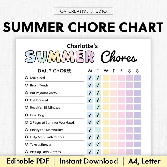 Editable Summer Chore Chart for Kids, Printable, Digital, Summer Checklist, Chore list, Summer Planner, Summer Chart, Responsibility | PDF