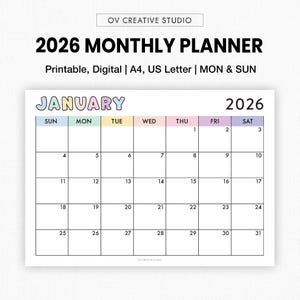 2026 Monthly Planner | Printable, Fillable, Digital | Dated Monthly Calendar Template | Landscape, Horizontal | 2026 Bullet Journal Inserts