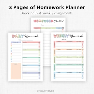 May include: Three-page homework planner with the text "3 Pages of Homework Planner" and "Track daily & weekly assignments." The planner includes a daily, weekly, and checklist format with space for subjects, assignments, and due dates.
