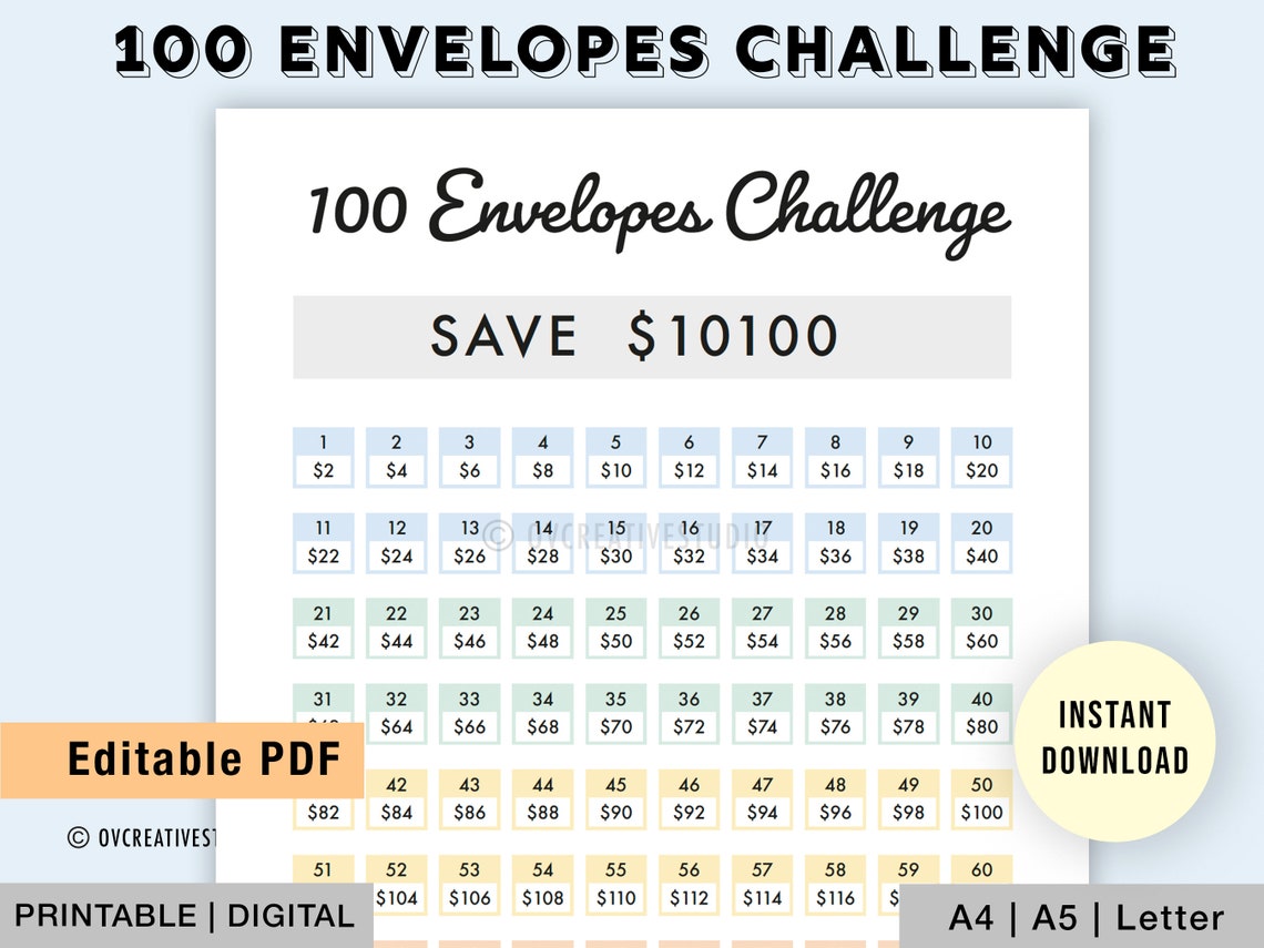 100 Envelopes Challenge Printable 10100 Savings Challenge - Etsy UK