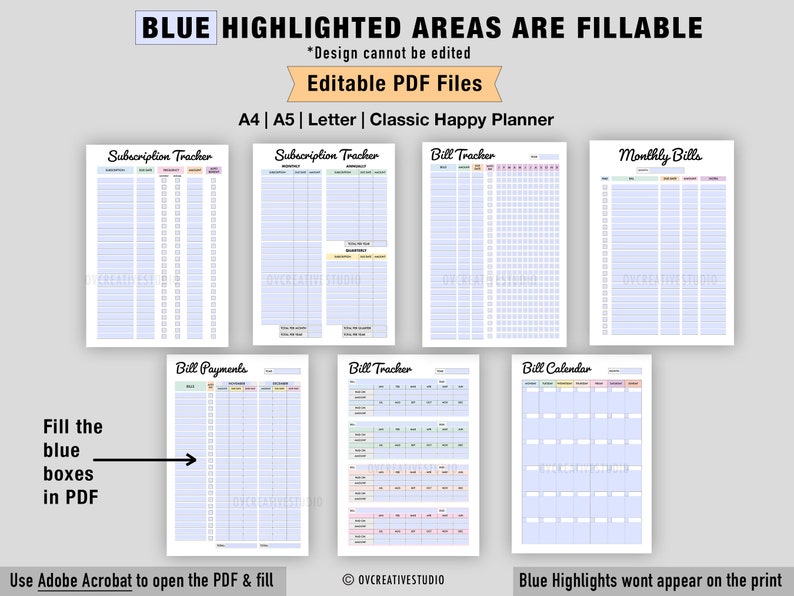 May include: A set of printable PDF planner pages, including subscription, bill, and monthly trackers. The pages feature blue highlighted areas for filling in information. The image text says "Editable PDF Files" and "Classic Happy Planner".