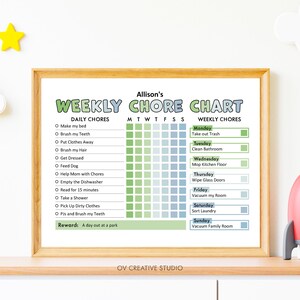 May include: A printable chore chart for kids with a green and blue color scheme. The chart includes daily chores like making the bed, brushing teeth, and putting clothes away. It also includes weekly chores like taking out the trash, cleaning the bathroom, and vacuuming the family room. The chart has a reward section that says "A day out at a park".