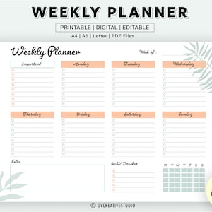 Op de afbeelding: Printbare weekplanner met een tropisch bladontwerp. De planner bevat secties voor belangrijke taken, maandag tot en met zondag, notities en een gewoontetracker.