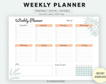 Editable Weekly Planner |  Printable | PDF [A5, A4, Letter] Digital To Do List | Task List | Daily, Weekly Checklist | Habit Tracker