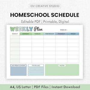 Könnte beinhalten: Ein druckbarer Homeschool-Stundenplan mit dem Text "HOMESCHOOL SCHEDULE" und "WEEKLY Plan". Der Plan enthält Abschnitte für jeden Wochentag, eine To-Do-Liste und Notizen. Das Design ist in Grün- und Blautönen gehalten.