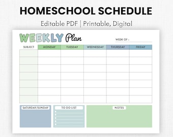Horario semanal editable para la educación en casa / Plan semanal para niños / Planificador semanal imprimible / Planificador imprimible para la educación en casa / Plan de educación en casa / PDF