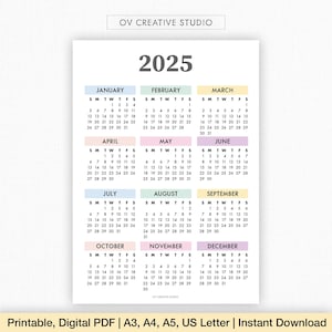 Colorful 2025 Year Calendar Printable | Digital Download | 2025 Annual Calendar | Yearly Planner, Tracker | Year at a Glance | Wall Calendar