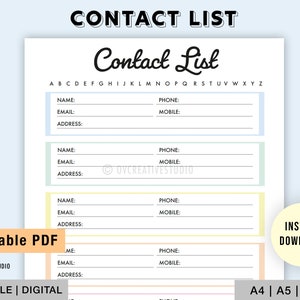 Editable Contact List | Printable Contact List | Address Book | Contact Organizers | Contact Details | Address List | A4, A5, Letter | PDF