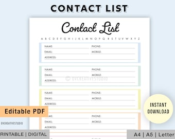Editable Contact List | Printable Contact List | Address Book | Contact Organizers | Contact Details | Address List | A4, A5, Letter | PDF