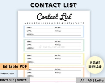 Editable Contact List | Printable Contact List | Address Book | Contact Organizers | Contact Details | Address List | A4, A5, Letter | PDF