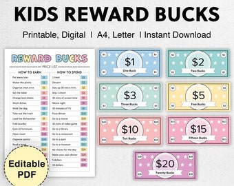 Editable Kids Reward Bucks | Printable | Mom Bucks, PDF Reward System For Kids | Chore Bucks, Good Behavior Bucks, Play Money, Pretend Money