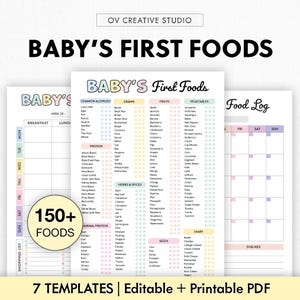 May include: Printable baby food log and tracker with a colorful design. The log includes a list of common allergens, grains, fruits, vegetables, herbs and spices, seeds, diary, and a food log with days of the week. The text "BABY'S First Foods" is at the top of the page.