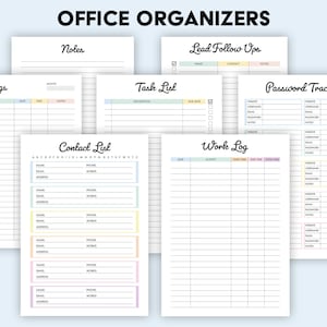 Op de afbeelding: Een set printbare kantoororganizers met kleurrijke koppen en gelinieerde pagina's voor notities, vergaderingen, taken, contactlijsten, werklogboeken en wachtwoordtracking.