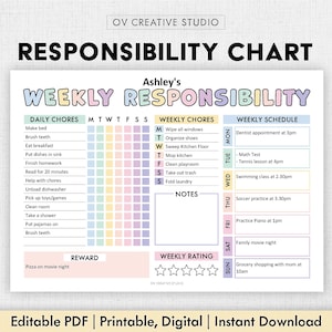 Editable Responsibility Chore Chart for Kids | Printable | Kids Daily Weekly Schedule | Kids Chore List | Kids, Teen Daily Checklist | PDF