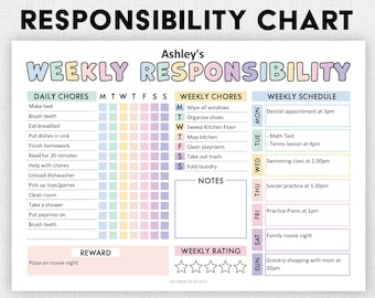 May include: A printable responsibility chart with a pastel color scheme. The chart includes sections for daily and weekly chores, a weekly schedule, and a reward section. The text reads "Weekly Responsibility" and "Ashley's".