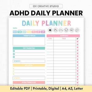 May include: A daily planner template titled ADHD DAILY PLANNER by OV CREATIVE STUDIO. The page features sections for date, days of the week, weather icons, today's focus, top priorities, rewards, do later, everything else, and a schedule table.