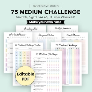 Redigerbar 75-medium utmaningslogga | Utskrivbar | Daglig 75-medium utmaningsdagbok, regnbågslogga, vanelogga, digital spårare