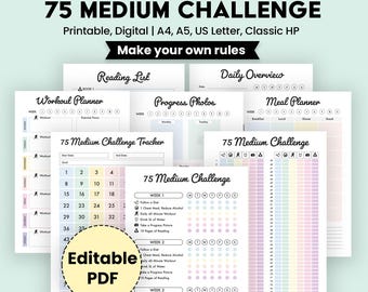 Editable 75 Medium Challenge Tracker Bundle | Printable | Daily 75 Medium Challenge journal, Tracker Rainbow, Habit Tracker, Digital Tracker