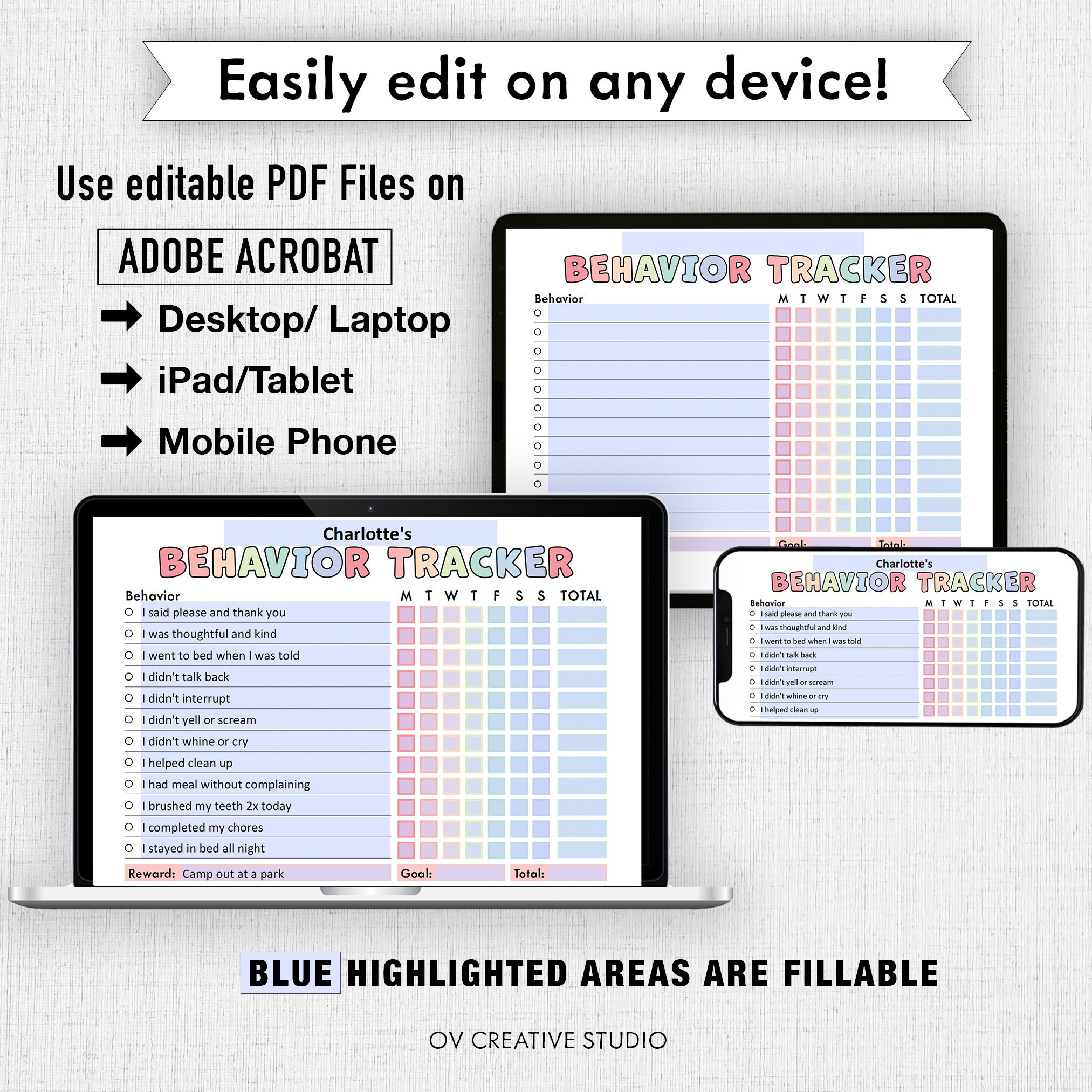 Behavior Reward Chart for Kids | Printable, Editable, Digital PDF ...