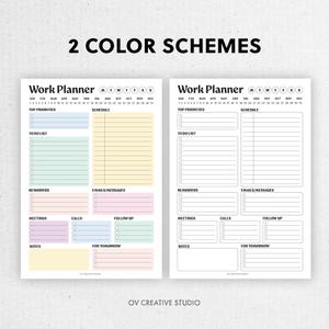 K&ouml;nnte beinhalten: Zwei Arbeitsplaner-Layouts werden angezeigt, eines mit Pastellfarbbl&ouml;cken und das andere in Schwarzwei&szlig;. Jeder Planer enth&auml;lt Abschnitte f&uuml;r oberste Priorit&auml;ten, To-Do-Listen, Erinnerungen und mehr. Der Text "2 COLOR SCHEMES" steht oben.