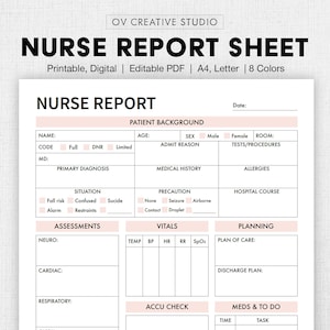 Hoja de informe de enfermería editable/imprimible, digital/hoja de informe de enfermería, plantilla de informe de paciente único, recursos de enfermería, cirugía médica, PDF