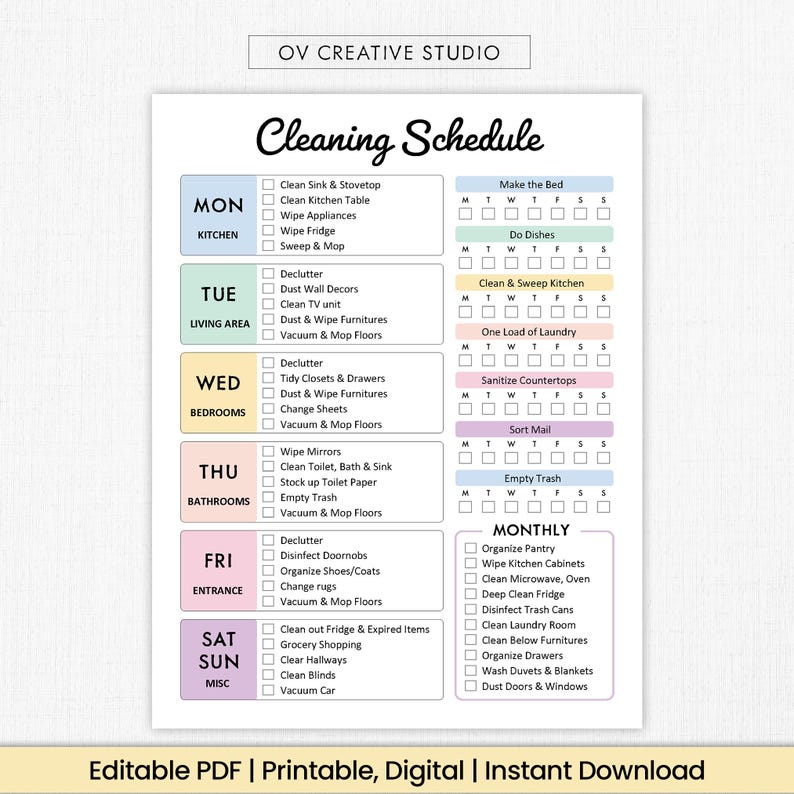 EDITABLE Cleaning Schedule | Printable | Weekly, Monthly, Yearly Cleaning Checklist, ADHD Cleaning Planner, House Chore List | Digital PDF image 1