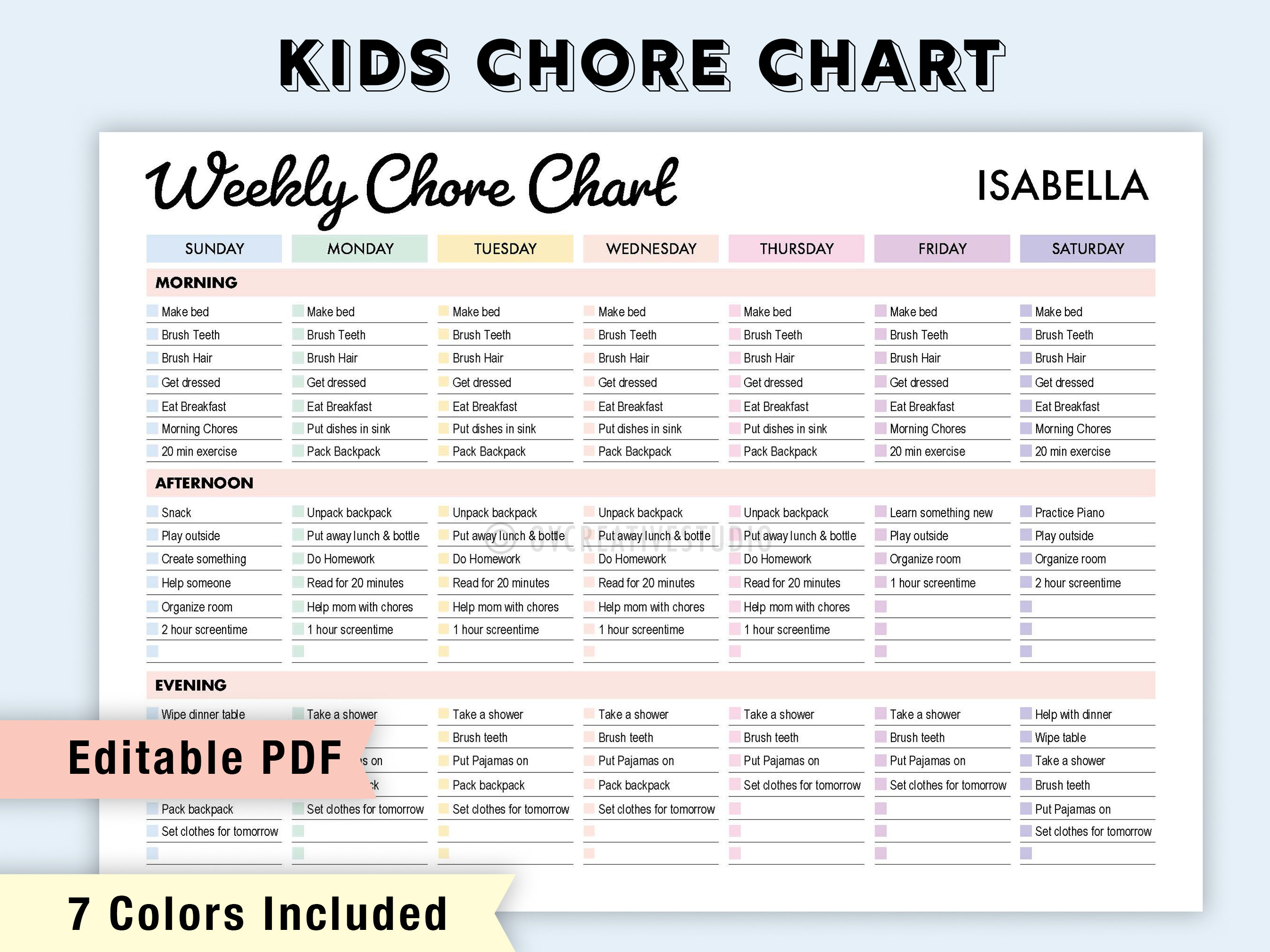 Editable Weekly Chore Chart for Multiple Kids Printable Etsy Canada