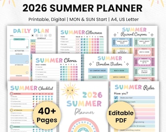 Sommer Kalender 2026 | Kinder Sommer Stundenplan, Haushaltsplan, Checkliste, Belohnung Bucks, Kalender, Packliste, Eimer Liste, Aktivitätsplaner