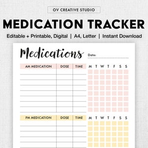 May include: Printable medication tracker with a black and white design. The tracker has sections for AM and PM medications, dose, time, and days of the week. The days of the week are labeled with the abbreviations M, T, W, T, F, S, S.