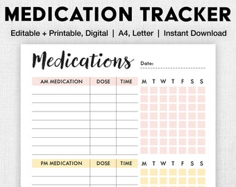 Bewerkbaar medicatieschema | Afdrukbare eenvoudige medicijngrafiek | Wekelijks medicatielogboek, supplementtracker, pillen, medicijnlijst | Digitale pdf