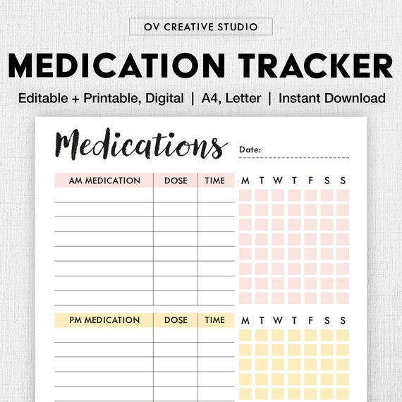 Editable Medication Schedule | Printable Easy Medicine Chart | Weekly Medication Log, Supplement Tracker, Pills, Medicine List | Digital PDF