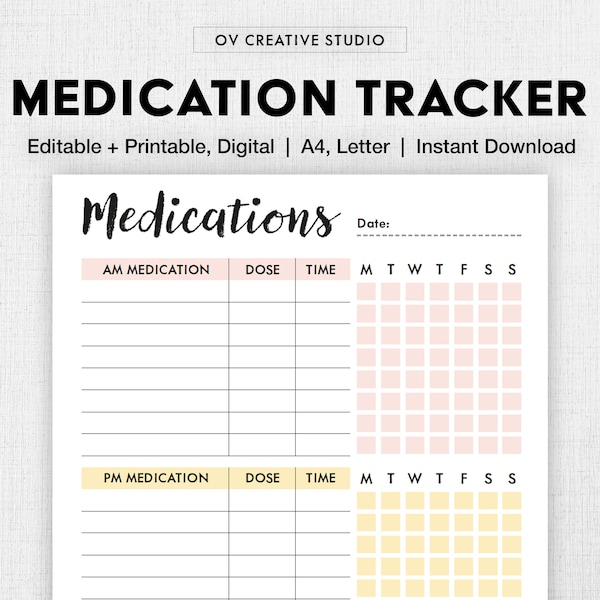 Editable Medication Schedule | Printable Easy Medicine Chart | Weekly Medication Log, Supplement Tracker, Pills, Medicine List | Digital PDF
