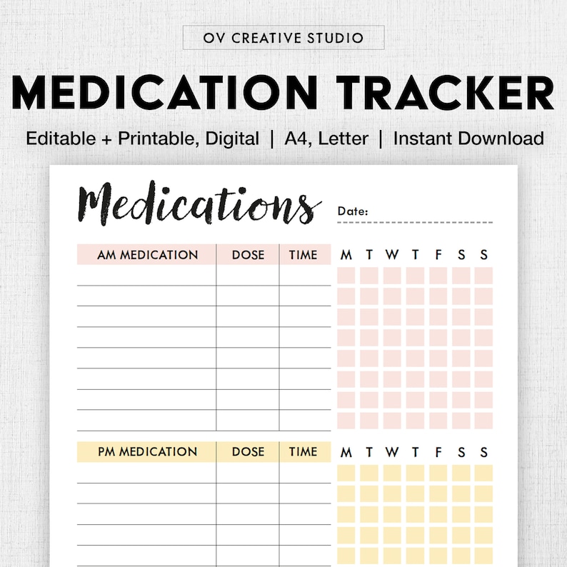 May include: Printable medication tracker with a black and white design. The tracker has sections for AM and PM medications, dose, time, and days of the week. The days of the week are labeled with the abbreviations M, T, W, T, F, S, S.