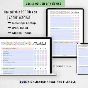 K&ouml;nnte beinhalten: Eine digitale Illustration einer Homeschool-Checkliste mit einem Pastellfarbschema. Die Checkliste enth&auml;lt t&auml;gliche Aufgaben und t&auml;gliche Schulaufgaben. Die Checkliste ist f&uuml;r die Verwendung auf einem Computer, Tablet oder Telefon konzipiert. Der Text "BLUE HIGHLIGHTED AREAS ARE FILLABLE" befindet sich am unteren Rand des Bildes.