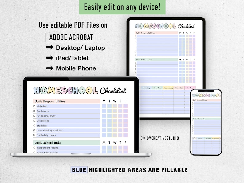 K&ouml;nnte beinhalten: Eine digitale Illustration einer Homeschool-Checkliste mit einem Pastellfarbschema. Die Checkliste enth&auml;lt t&auml;gliche Aufgaben und t&auml;gliche Schulaufgaben. Die Checkliste ist f&uuml;r die Verwendung auf einem Computer, Tablet oder Telefon konzipiert. Der Text "BLUE HIGHLIGHTED AREAS ARE FILLABLE" befindet sich am unteren Rand des Bildes.