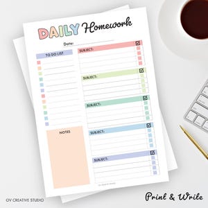May include: A white Daily Homework printable sheet with colorful headings and checkboxes. The sheet includes sections for a to-do list, subject, notes, and a date. The text "Print & Write" is at the bottom.