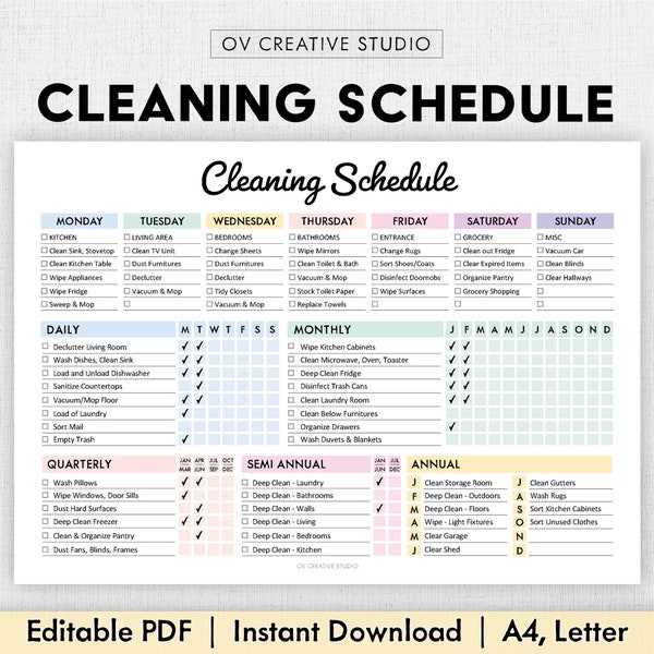 EDITABLE Cleaning Schedule | Printable | Weekly, Monthly, Yearly Cleaning Checklist, ADHD Cleaning Planner, House Chore List | Digital PDF