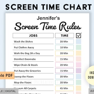 Editable Screen Time Chart Kids | Printable, Digital | Screen Time Chore Chart | Kids Chore Checklist | Chore List | Screen Time Tracker PDF