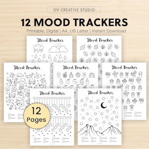 May include: A set of 12 mood tracker pages with diverse themes such as weather, leaves, sea creatures, fruits, plants, hearts, and stars. Each page includes a mood scale for tracking feelings. The text "12 MOOD TRACKERS" is displayed at the top.